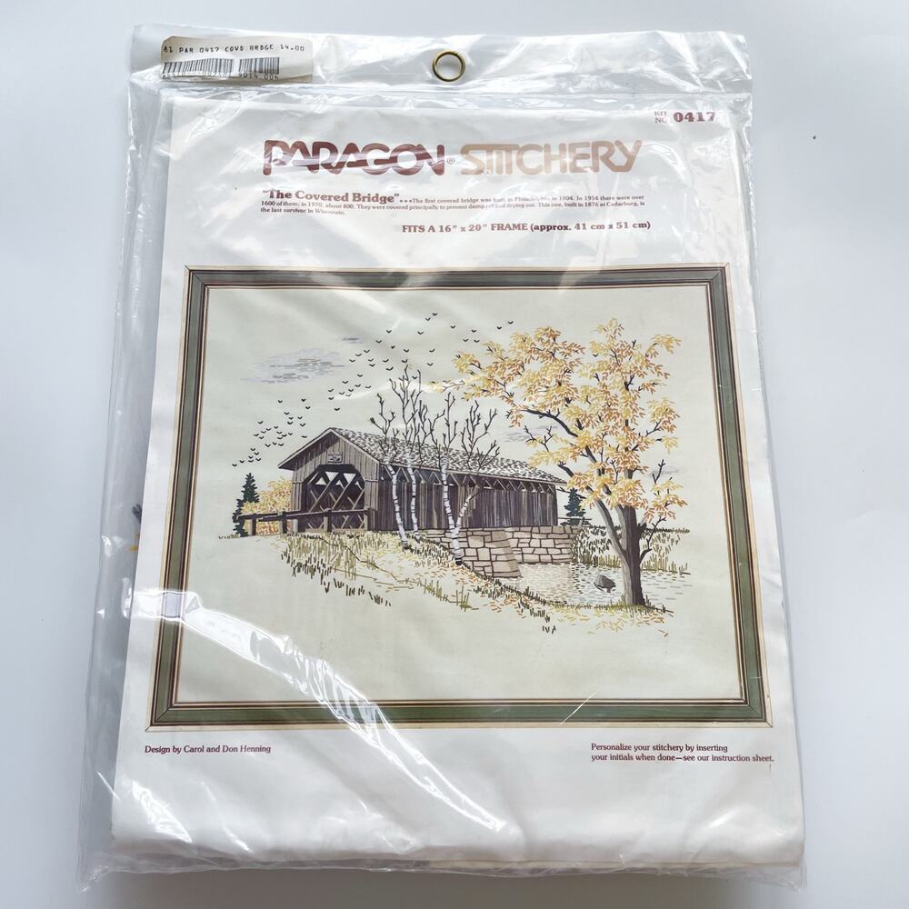 New VTG Paragon Stitchery 'The Covered Bridge' Wisconsin Crewel Embroidery Kit